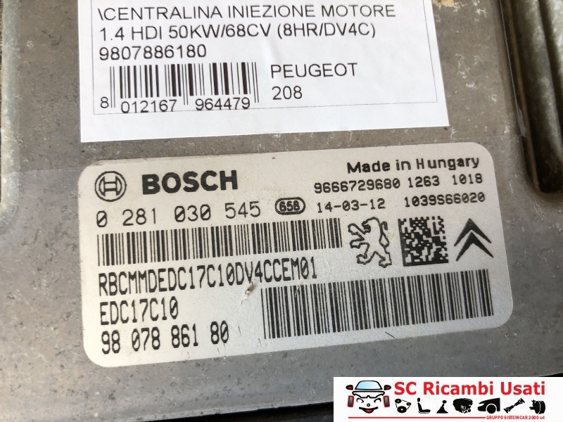 Centralina Motore Peugeot 208 1.4 Hdi 9807886180 0281030545 - 17729 Centralina Motore Peugeot 208 1.4 Hdi 9807886180 0281030545 - 17729