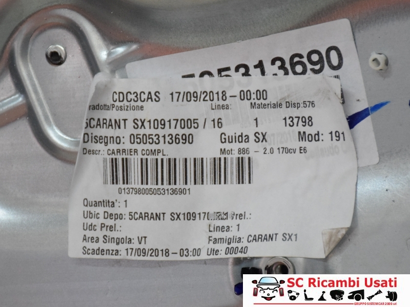 Alzavetro Anteriore Sinistro Alfa Giulietta 50531369 - 20859