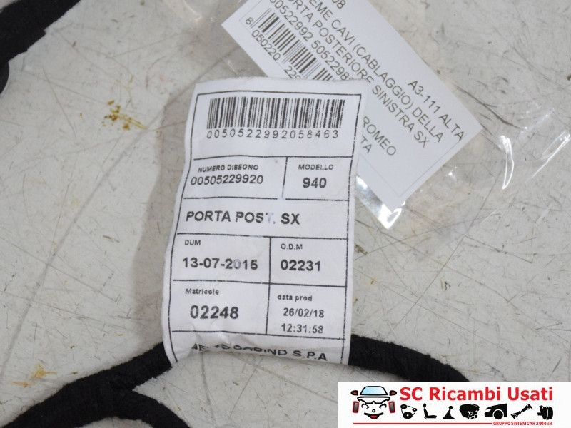 IMPIANTO ELETTRICO (CABLAGGIO) PORTA POSTERIORE SX ALFA ROMEO Giulietta Serie (940_) 50522992 (13>)