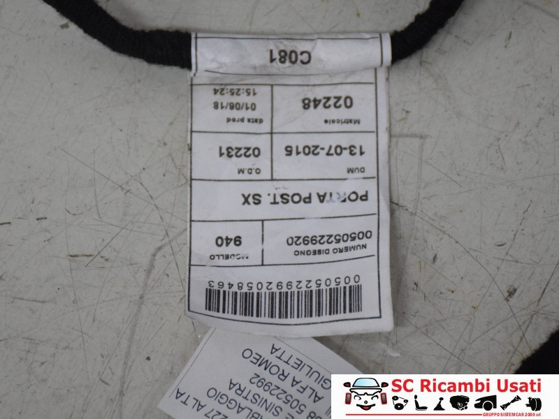 IMPIANTO ELETTRICO (CABLAGGIO) PORTA POSTERIORE SX ALFA ROMEO Giulietta Serie (940_) 50522988 (13>)