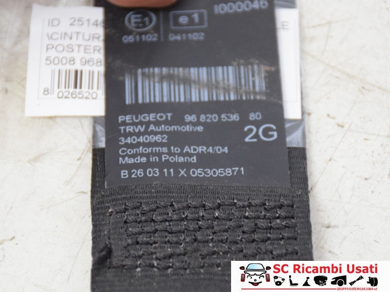 Cintura Di Sicurezza Posteriore Peugeot 5008 9682053680 - 25146
