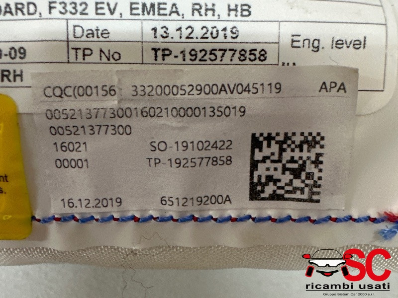 AIRBAG A TENDINA LATERALE PASSEGGERO FIAT 500 Serie Elettrica 52137730 (20>)