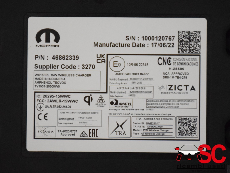 Centralina Ricarica Wireless Fiat Tipo 46862339 52183787