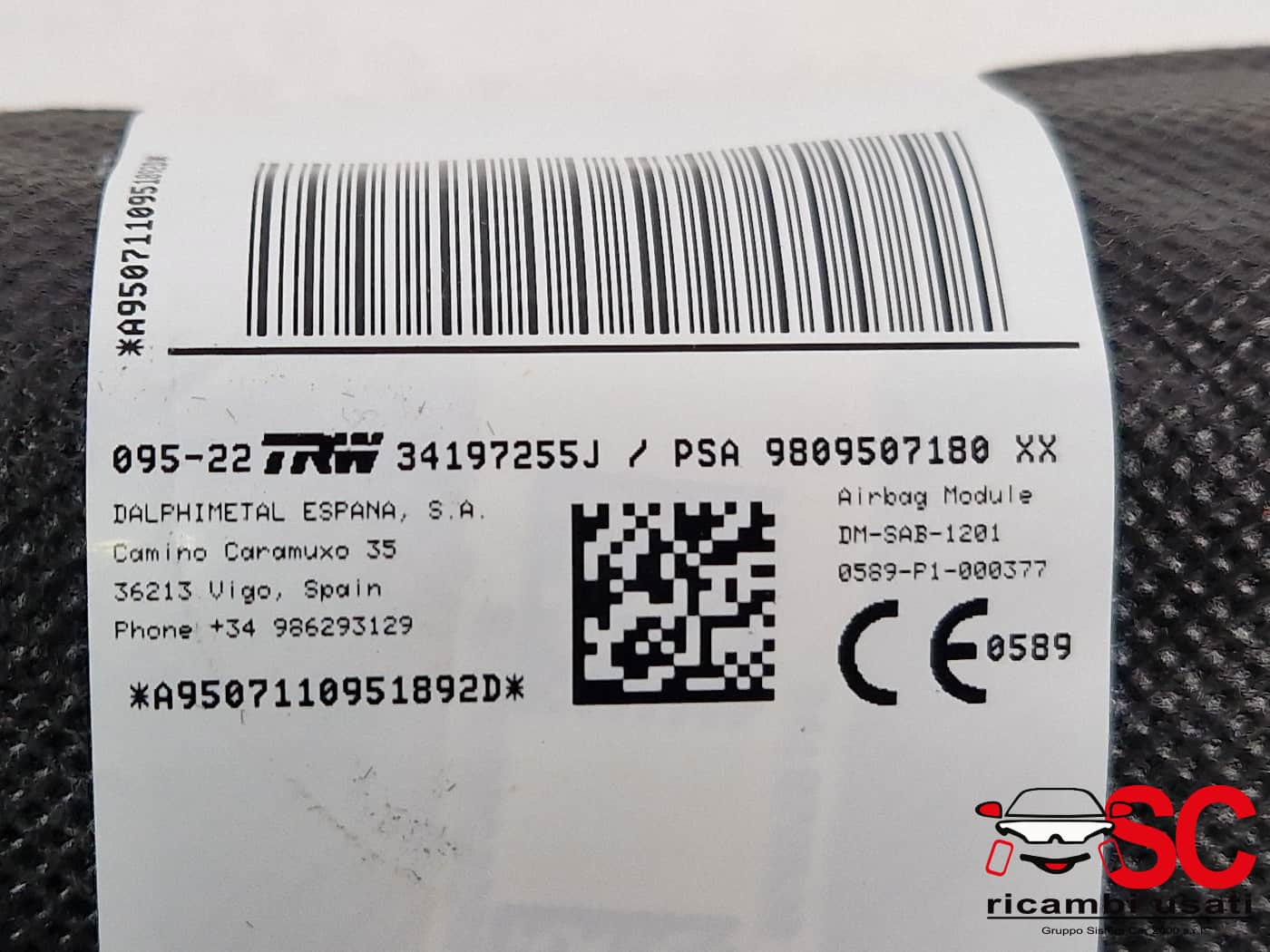 AIRBAG SEDILE SINISTRO PEUGEOT 3008 Serie 9809507180 (24>)