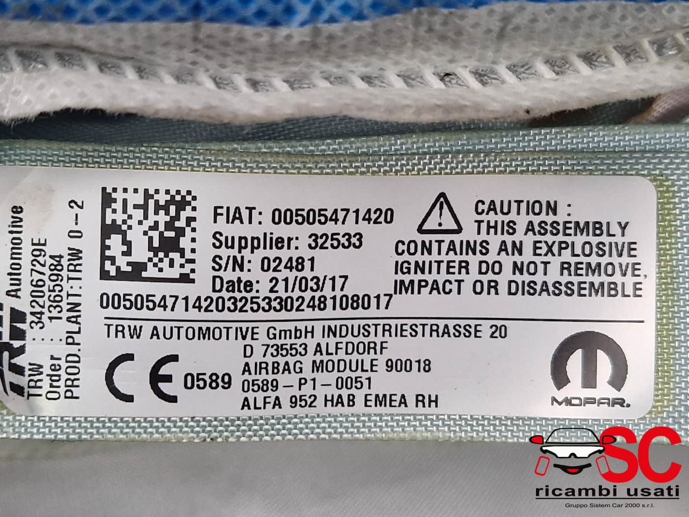 AIRBAG A TENDINA LATERALE PASSEGGERO ALFA ROMEO Giulia Serie (952_) 50568093 (16>)