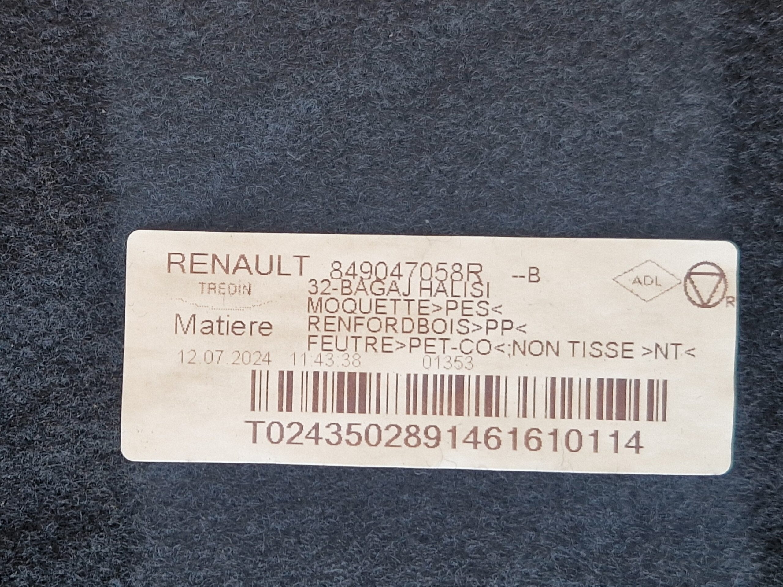 TAPPETO VANO BAULE RENAULT CLIO Serie V 849047058R H4M C6 (19>)