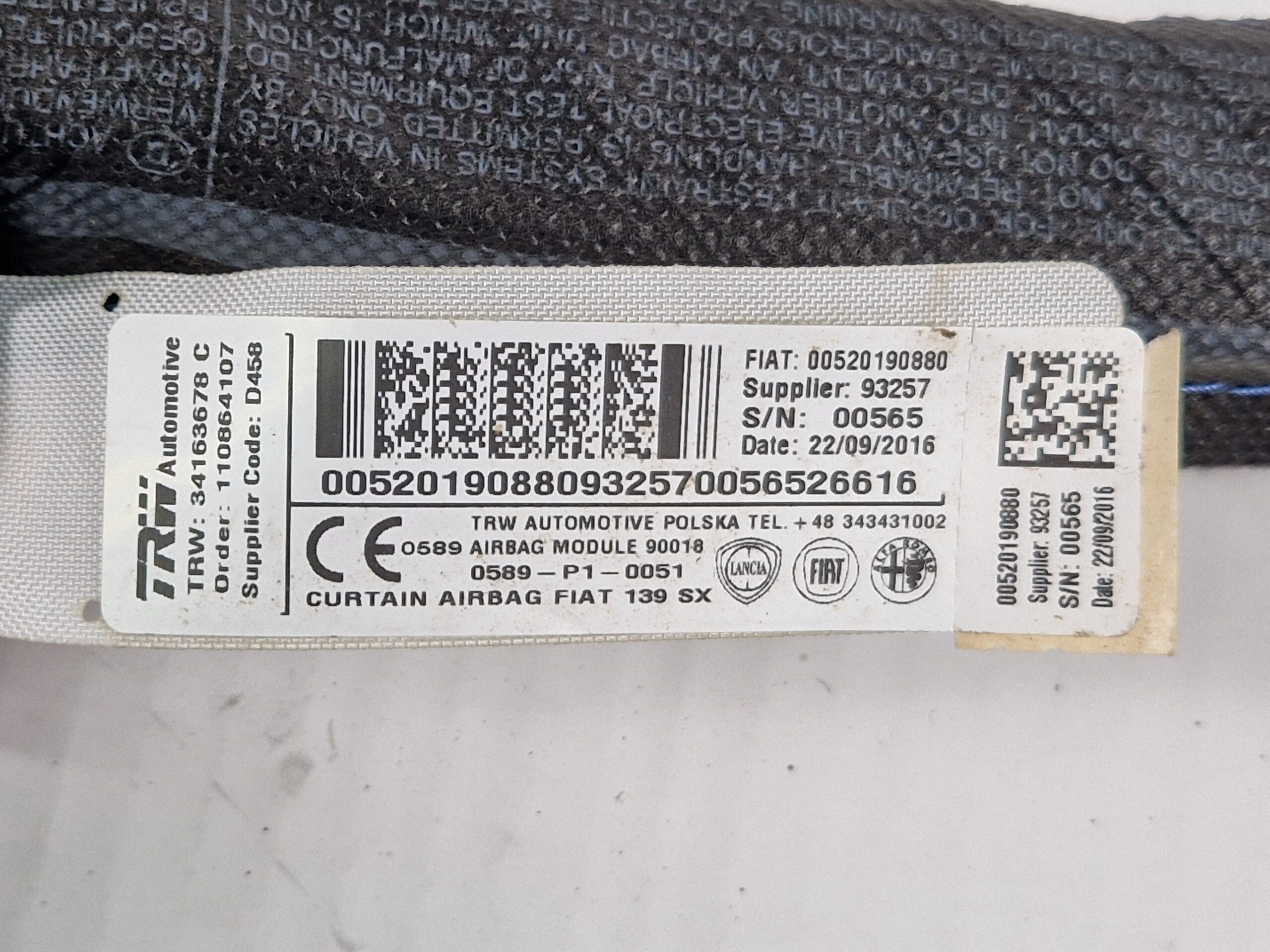 AIRBAG A TENDINA LATO SINISTRO FIAT Panda 3° Serie 52091795 (12>)